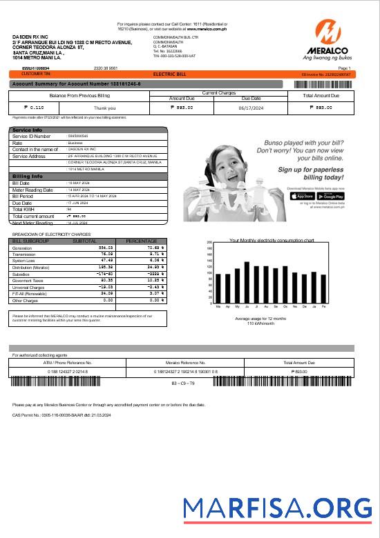 Blank Philippines Meralco electricity business utility bill template in Word and PDF formats